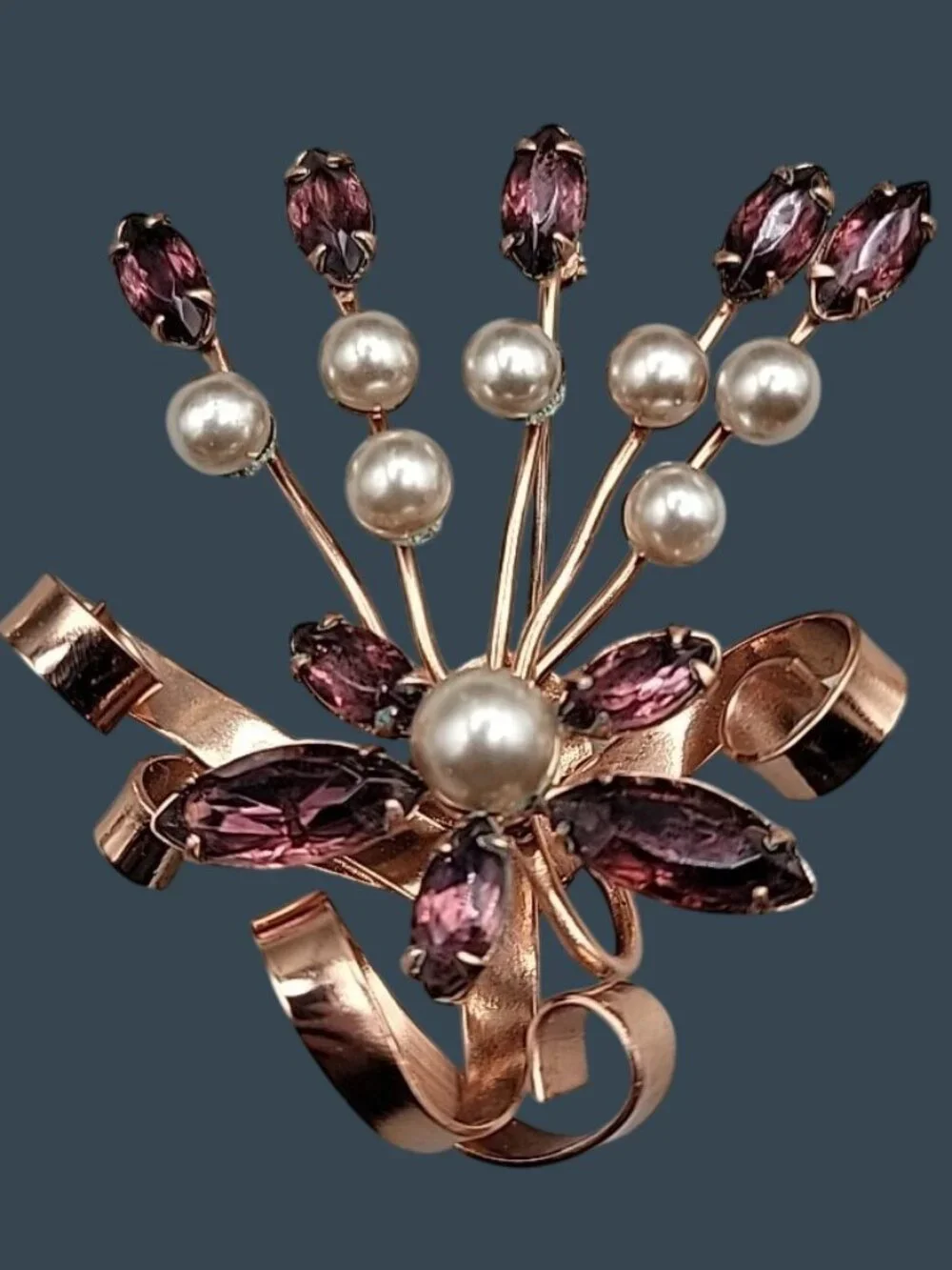 Vintage Large Amethyst Rhinestone Faux Pearl Rose Gold Plated Spray Brooch